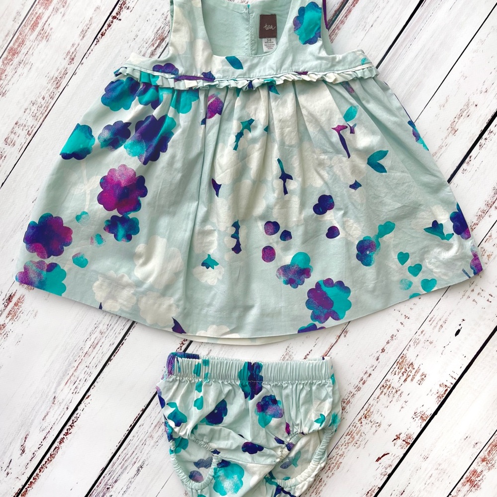 Tea collection empire watercolor batik style Floral Dress w/ Matching Bloomers